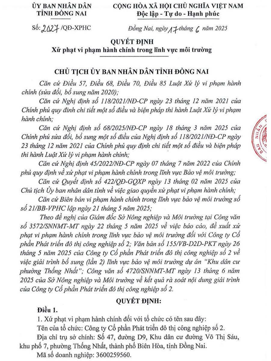 Đồng Nai xử phạt Công ty D2D 710 triệu đồng do vi phạm môi trường