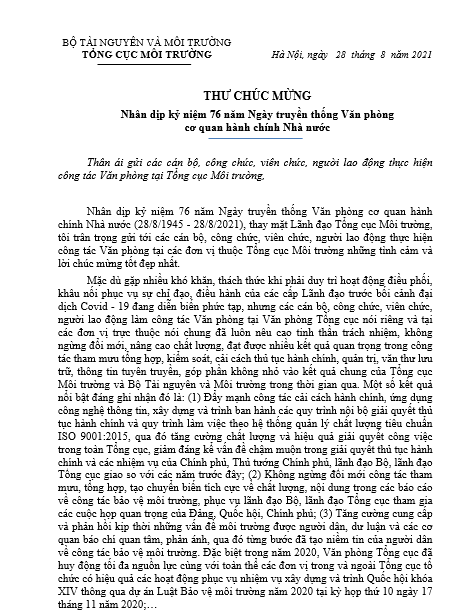 Thư chúc mừng của Tổng cục trưởng Nguyễn Văn Tài nhân dịp kỷ niệm 76 năm Ngày truyền thống Văn phòng cơ quan hành chính Nhà nước