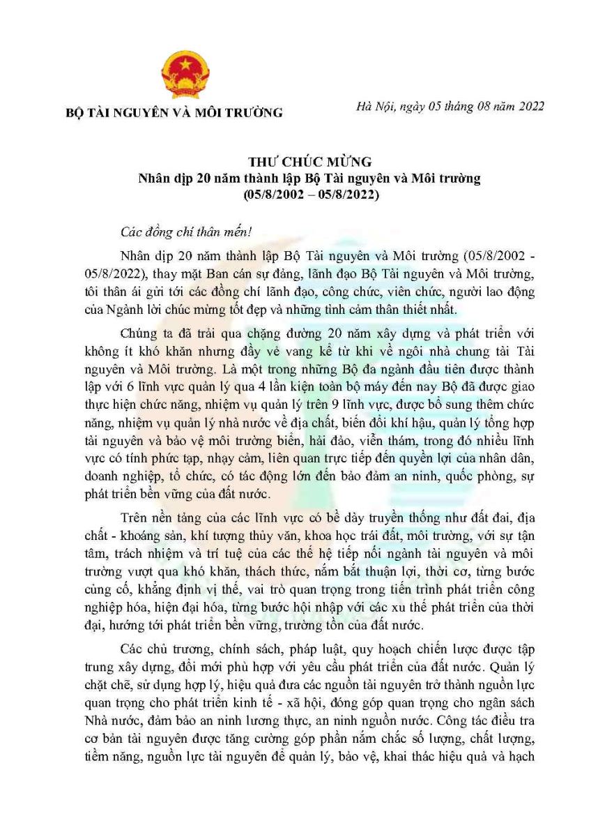 Thư chúc mừng của Bộ trưởng Trần Hồng Hà nhân dịp 20 năm thành lập Bộ Tài nguyên và Môi trường (05/8/2002 – 05/8/2022)
