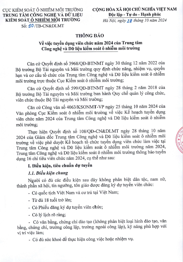 THÔNG BÁO: Về việc tuyển dụng viên chức năm 2024 của Trung tâm Công nghệ và Dữ liệu kiểm soát ô nhiễm môi trường