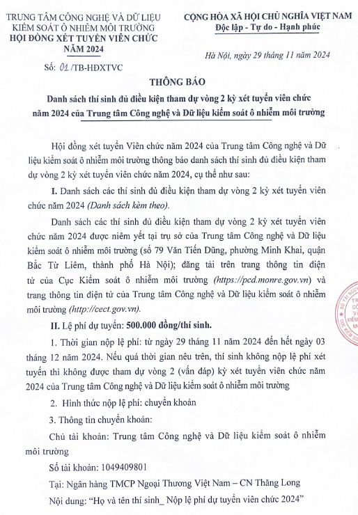 THÔNG BÁO: Danh sách thí sinh đủ điều kiện tham dự vòng 2 kỳ xét tuyển viên chức năm 2024 của Trung tâm Công nghệ và Dữ liệu kiểm soát ô nhiễm môi trường