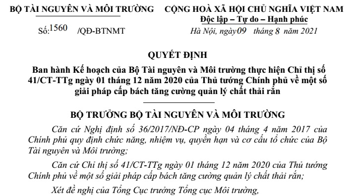 Kế hoạch của Bộ TN&MT thực hiện Chỉ thị số 41/CT-TTg về một số giải pháp cấp bách tăng cường quản lý chất thải rắn